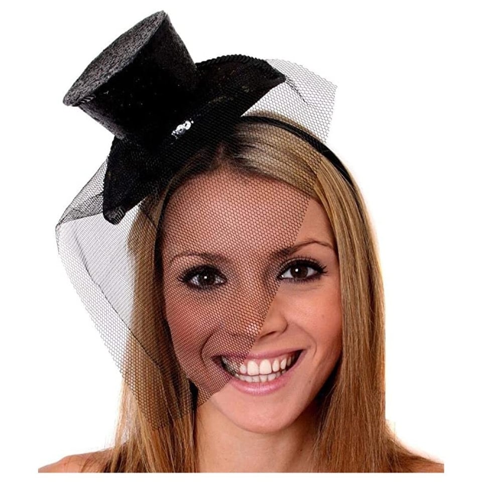 image 1 of Pack of 6 Mini Black Glitter Fascinator Top Hat Black | One Size