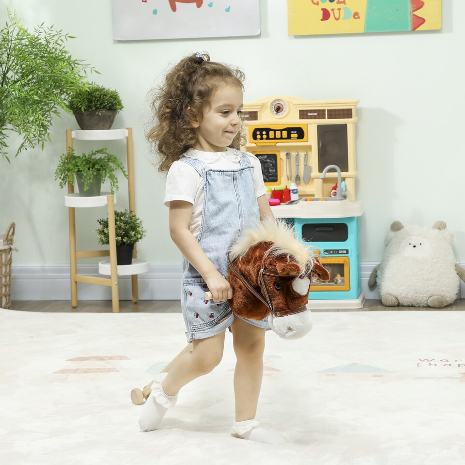 image 1 of AIYAPLAY Stick Horse with Wood Wheels, Pony Neighing and Galloping Sounds | Brown
