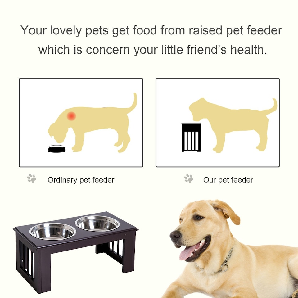image 1 of PawHut Raised Dog Bowls Pet Feeder Raised Elevated Stainless Steel Food Brown