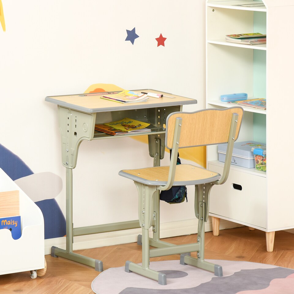 image 1 of HOMCOM Height Adjustable Kids Desk and Chair Set for 6-12 Years, Grey
