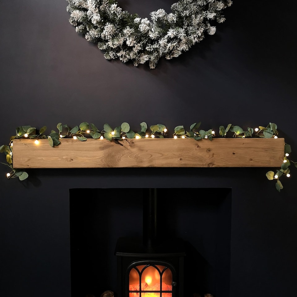 image 1 of 1.8m LED Artificial Eucalyptus Garland with Warm White Lights - Battery Operated Green Leaf Foliage for Indoor Christmas Decor