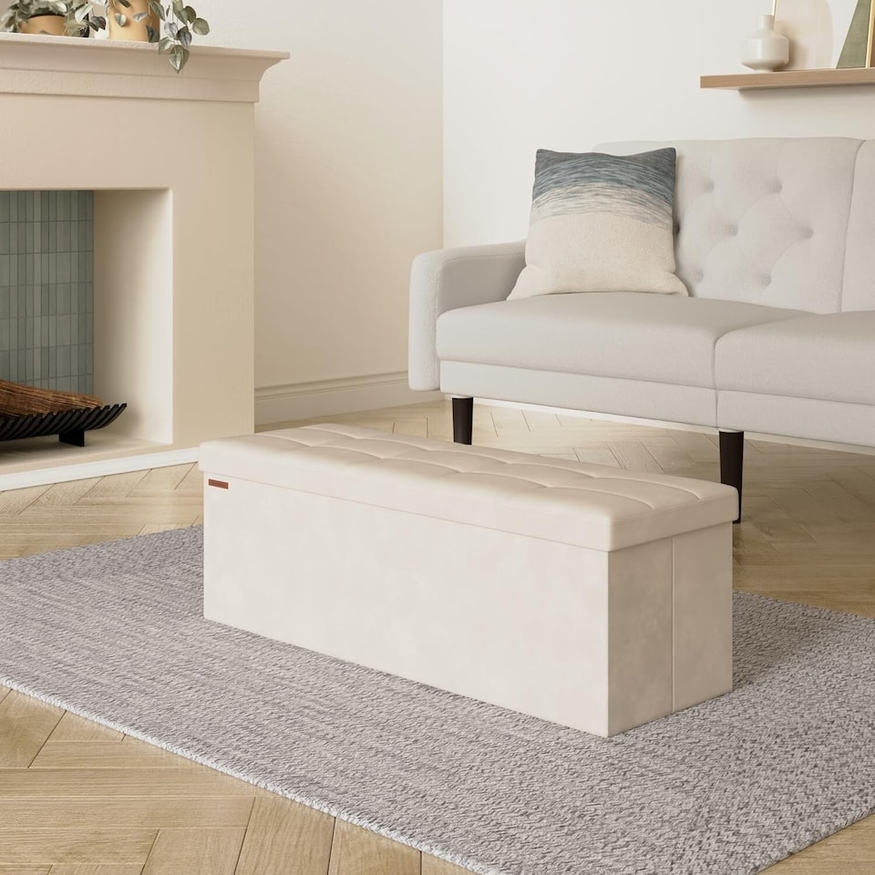 image 1 of Storage Ottoman with Extended Hidden Storage Space, Foldable Velvet Fabric Bench, 110 cm, Cream White