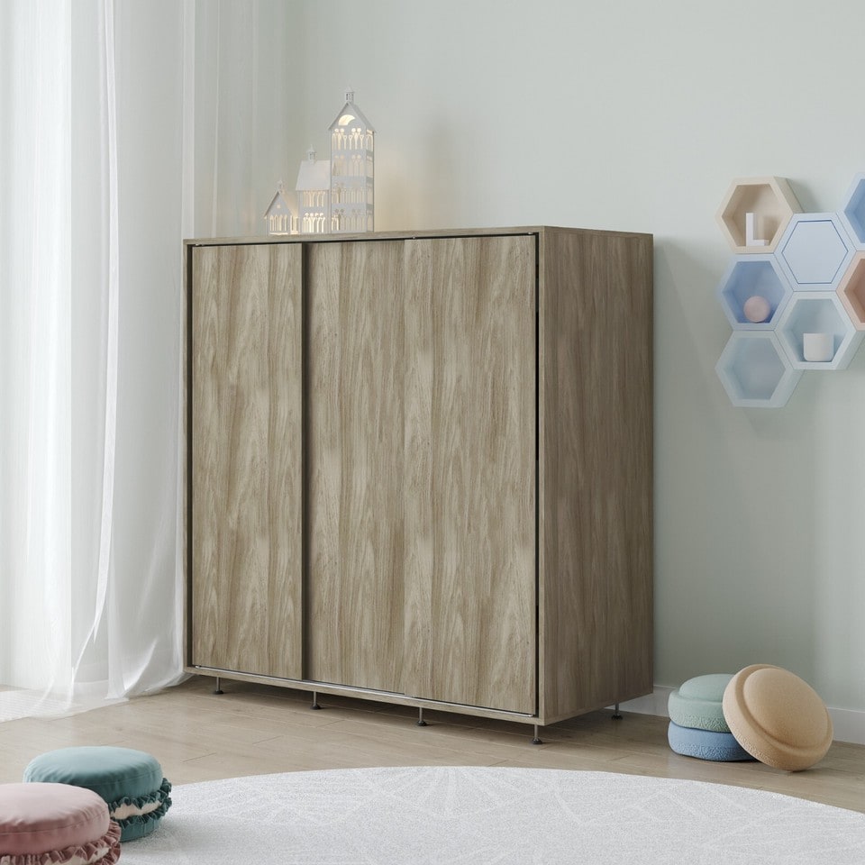 image 1 of 120cm 3 Sliding Doors Children Kids Wardrobe Bedroom Storage Closet Hanging Rail | Multi | Oak | 1