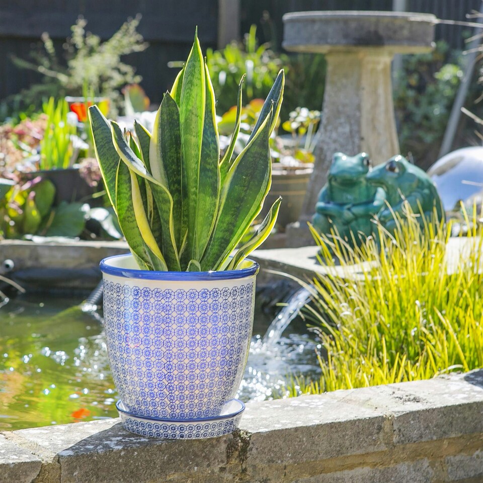 image 1 of Nicola Spring Hand Printed Plant Pot with Saucer - 22cm - Navy Blue