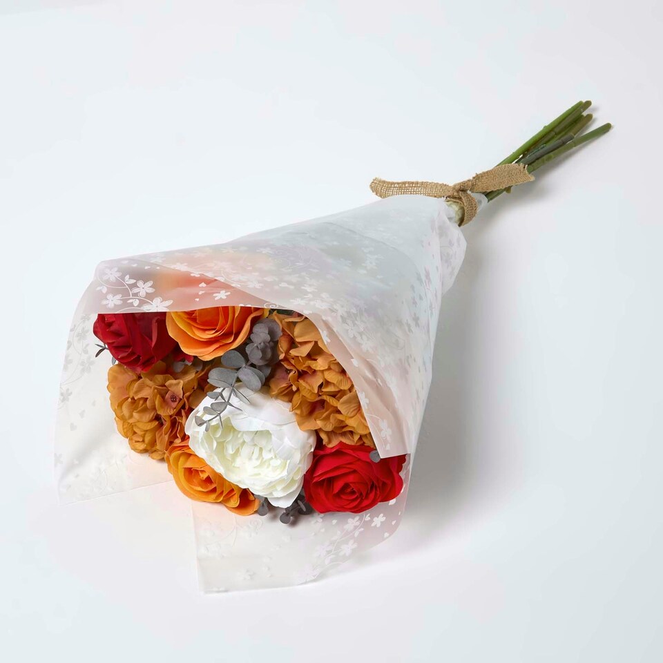 image 1 of Homescapes Artificial Orange Roses and Peonies Bouquet, 67 cm