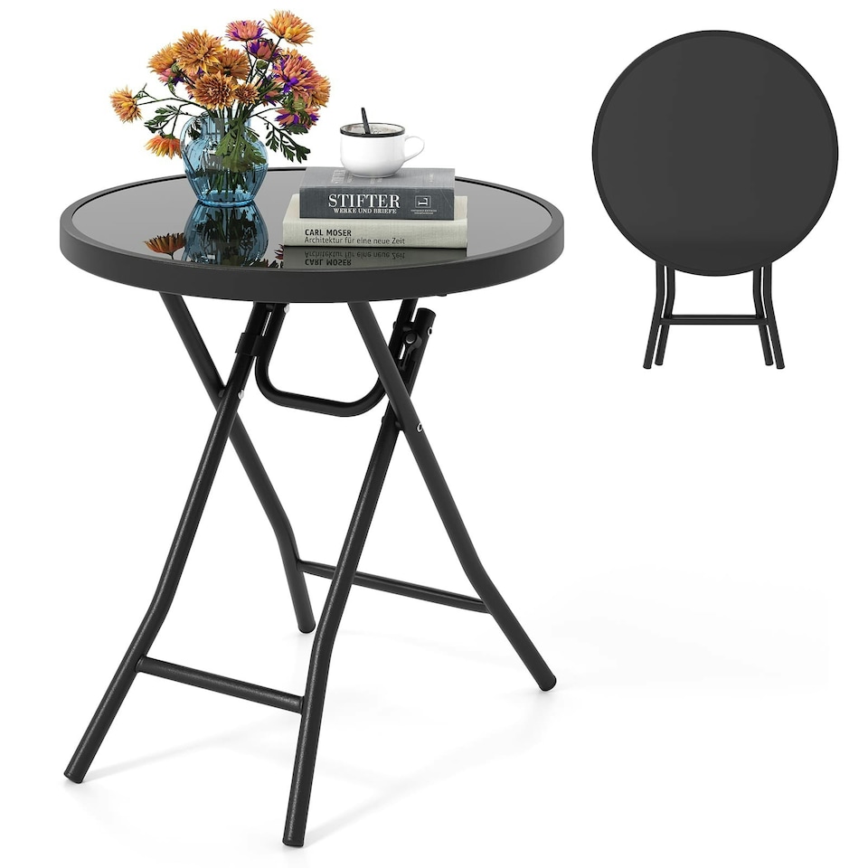 image 1 of COSTWAY Folding Glass Table Portable Patio Coffee Table Black
