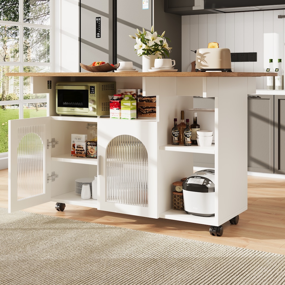 image 1 of VILUXE Kitchen island, kitchen cabinet, removable serving trolley, buffet cabinet, dining trolley with wood grain, buffet cabinet, multifunctional dining table with storage space, White