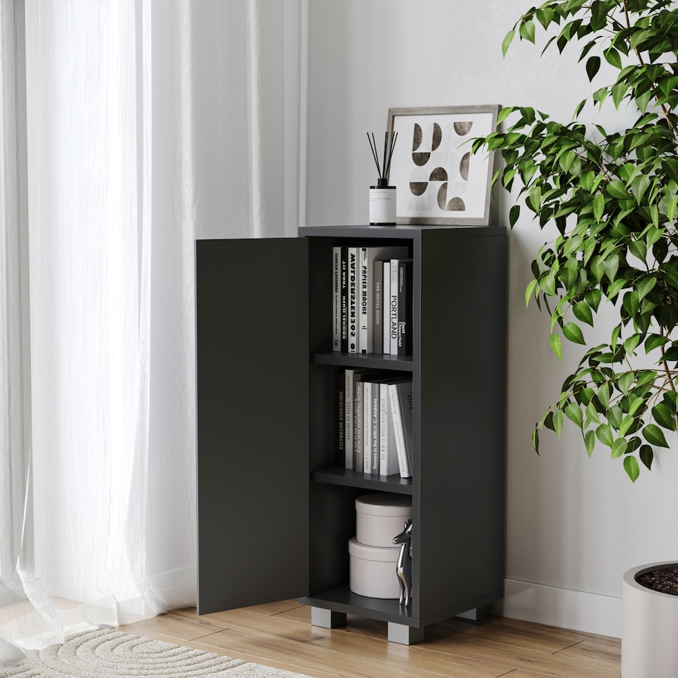 image 1 of Single Door 3-Tier Cabinet | Black | 8.5 x 31 x 81.2 | 1