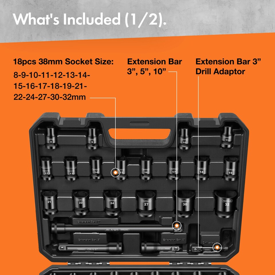 image 1 of VonHaus 40pcs Heavy Duty 1/2 Impact Socket Set with Carry Case