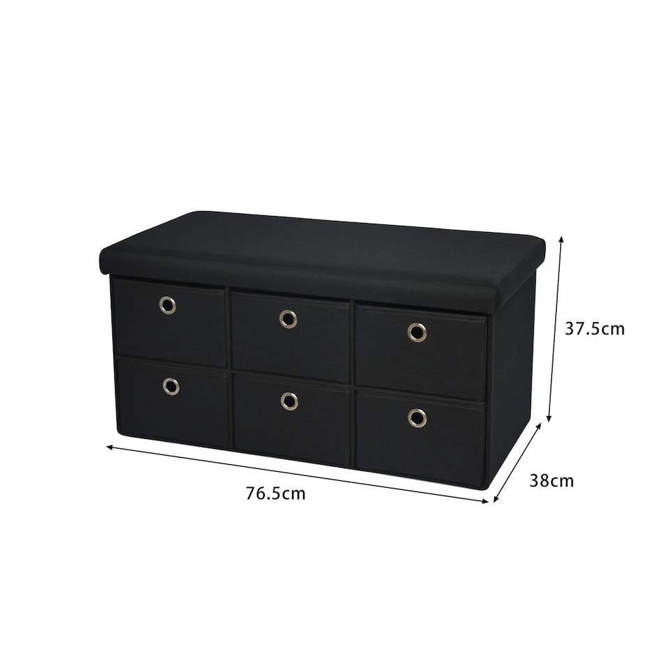 image 1 of Folding Ottoman Storage Bench 6 Drawer Compact Space-Saving Furniture | Black