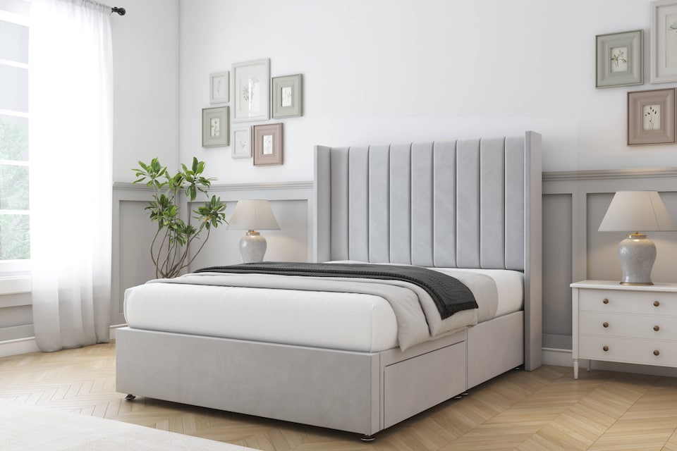 image 1 of Sloomy Falcon Silver Plush Divan Bed Base 2 Drawers Foot-End With 54 Inch Wingback Headboard | Silver | Silver | Super King | 1