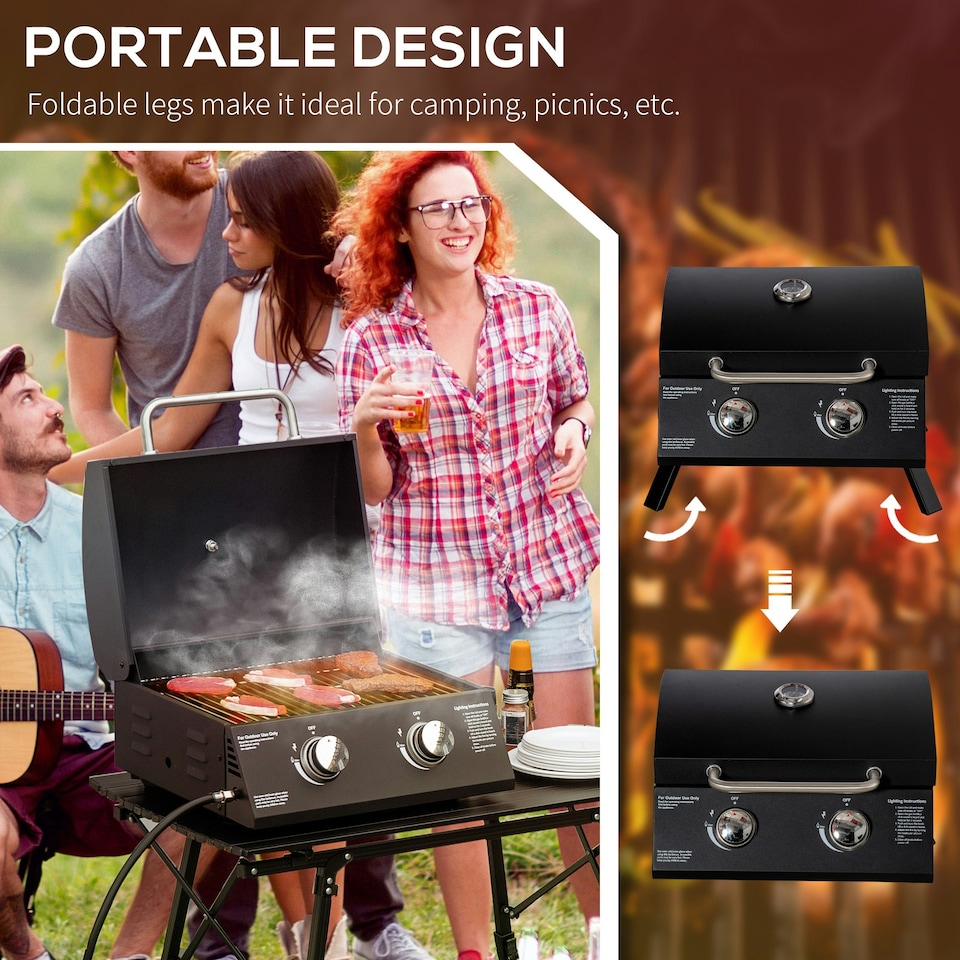 image 1 of Outsunny Portable Tabletop Gas BBQ Grill Barbecue w/ 2 Burner Lid Thermometer