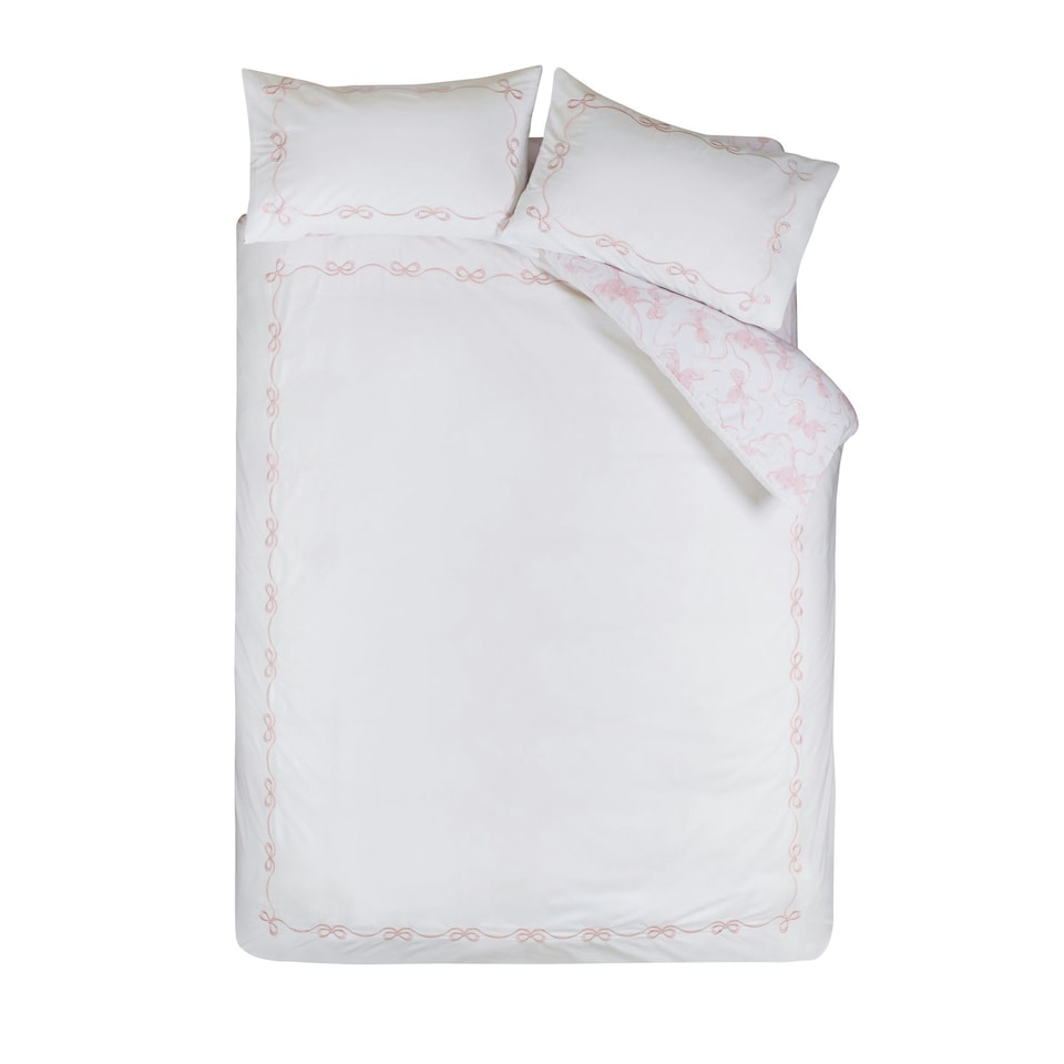 image 1 of Catherine Lansfield Bow Embroidery Duvet Cover Set White / Pink Pink | White / Pink | Double