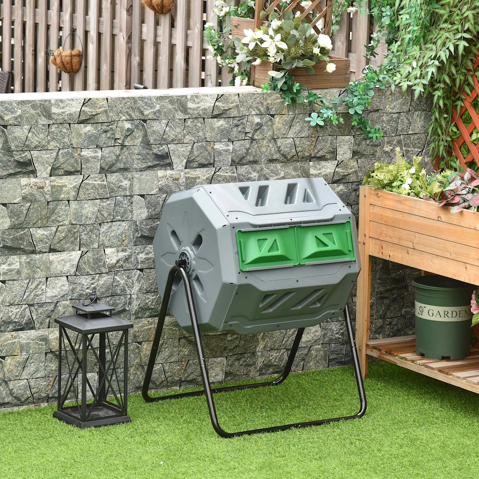 image 1 of Outsunny 160L Outdoor Tumbling Compost Bin with Dual Chamber, Grey