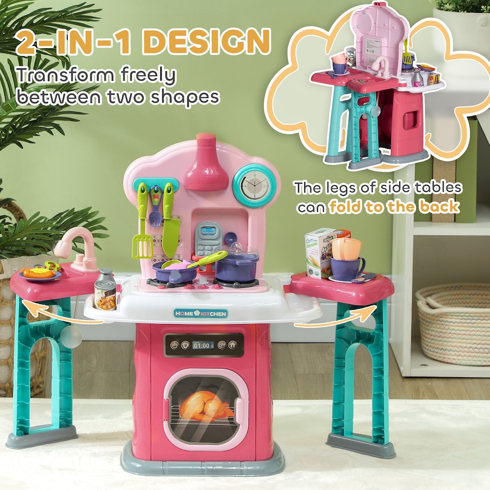 image 1 of AIYAPLAY Toy Kitchen, 45-Piece Kids Kitchen with Rotating Side Tables, Toddler Pretend Role Play set with Light, Sounds, Spray Effect for Ages 3-6 Years, Pink