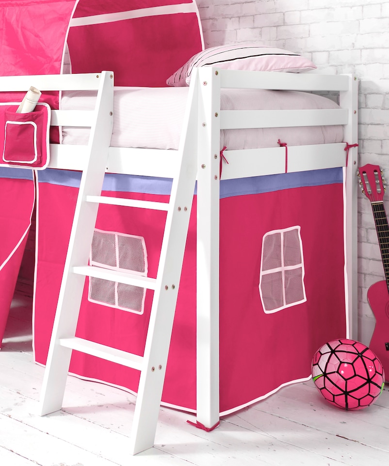 image 1 of Moro Cabin Bed Midsleeper with Cotton Pink Tent, Tower & Tunnel in White