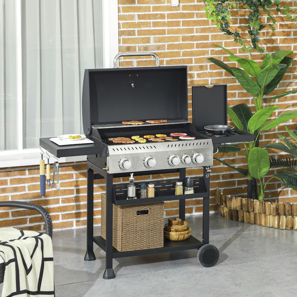 image 1 of Outsunny 4+1 Burner Propane Gas Barbecue Grill with Thermometer, Bottle Opener