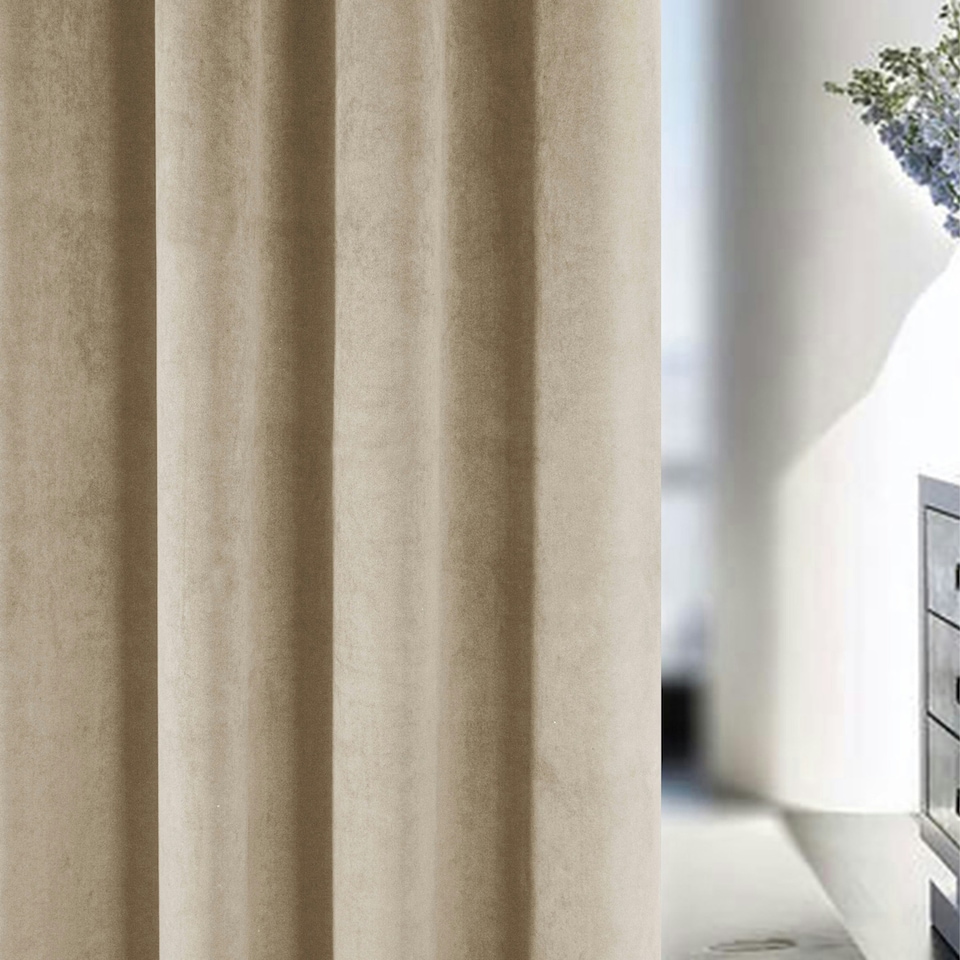 image 1 of Oxford Cream Velvet Curtains 46 x 54 inch (117 x 137 cm) 100% Blackout Pencil Pleat Thermal Noise Reducing Curtains for Bedroom and Living Room