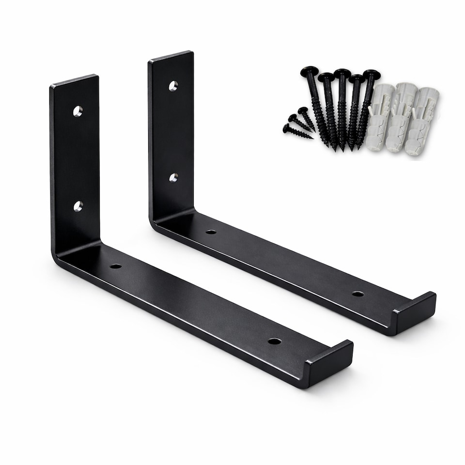 image 1 of MKGT 2 Pack Heavy Duty Scaffold Board Shelf Brackets 225mm, Black Industrial Steel Wall Mounted Rustic Shelving Supports