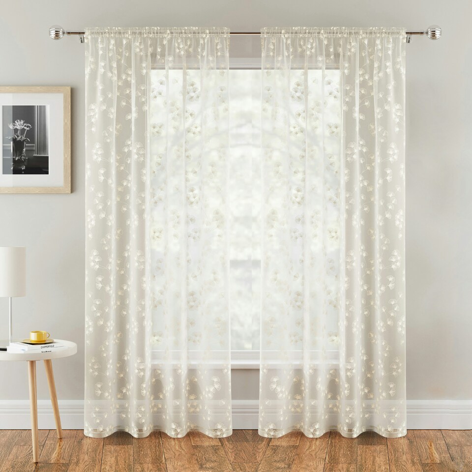 image 1 of Pair of Delila Cream Trail Leaf Print Voile Panels 137 cm (54 inch) Rod Pocket Panels for Bedroom and Living Room