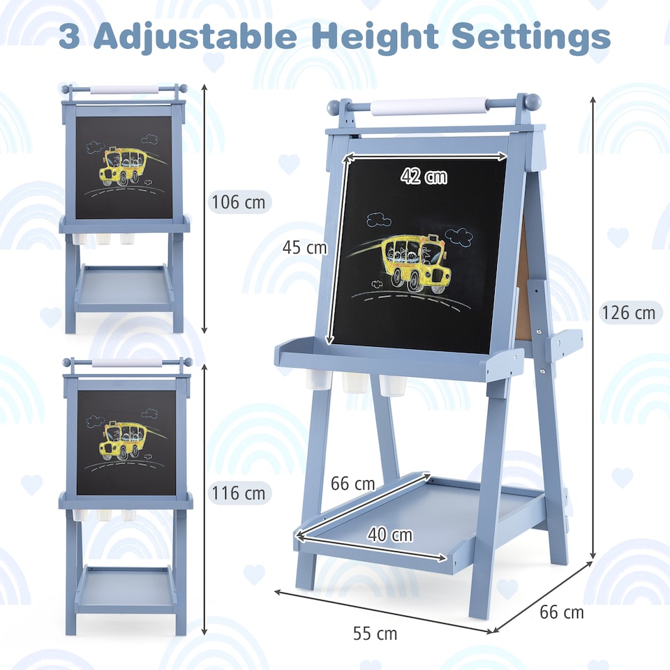 image 1 of COSTWAY Foldable Easel Kids 3-in-1 Double-sided Art Easel w/Chalkboard-Blue