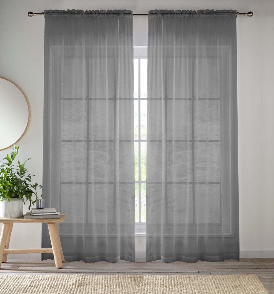 image 1 of Sheer Grey Plain Woven Voile Slot Top Curtain Panel Pair (57x54") 145x137cm