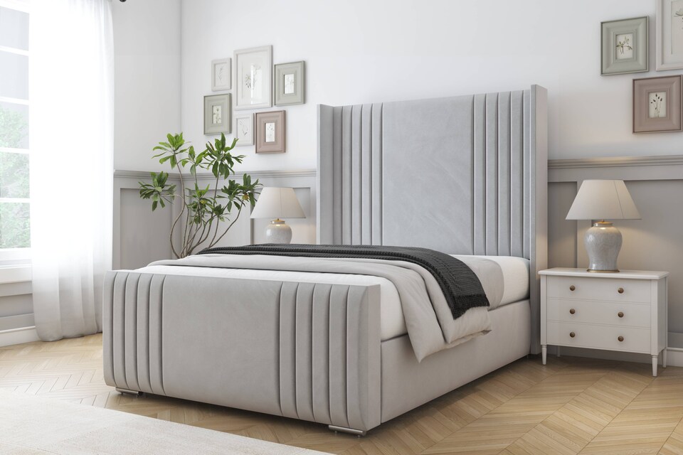 image 1 of Sloomy Camden Silver Plush Bed Frame With Mattress With 50"  Upholstered Wingback Headboard 4'6 Double