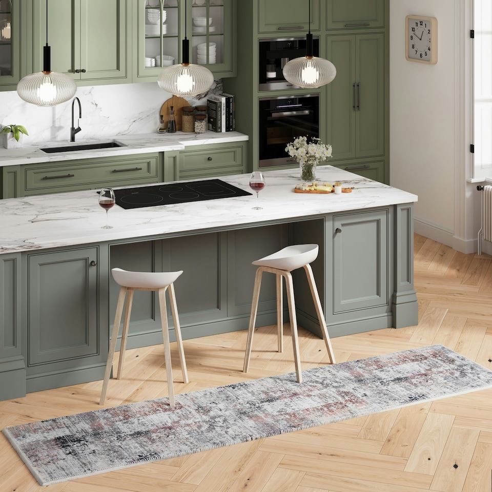 image 1 of KUKOON Neutral Multicolour Distressed Abstract Non Slip Washable Low Pile Runner Rug 80cm x 300cm | Multi