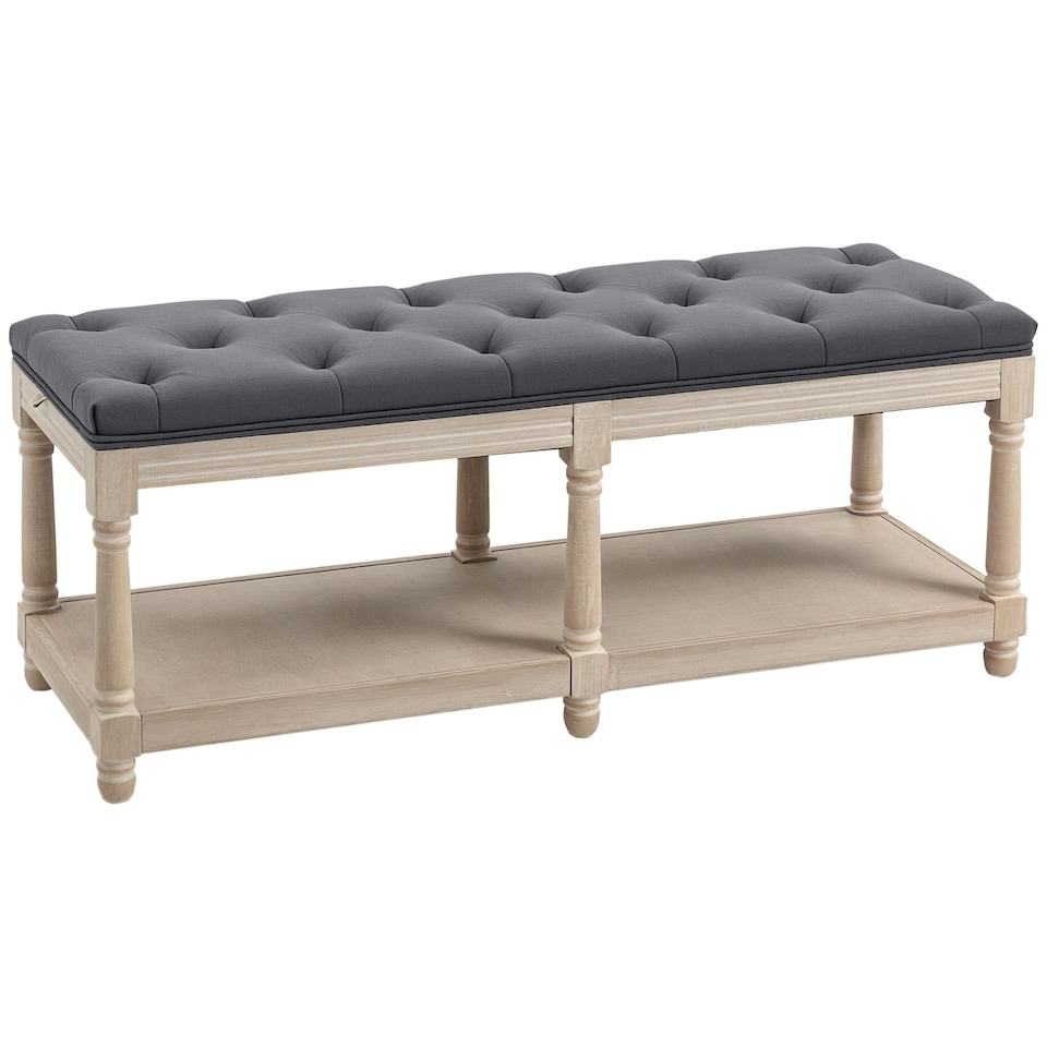 image 1 of HOMCOM 2-Tier Bed End Bench, Vintage Stool Button Tufted Window Seat Cream White Grey