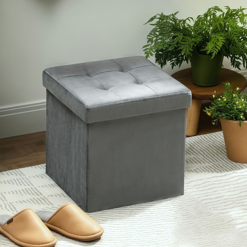 image 1 of HOMCOM Foldable Sherpa Fleece Storage Ottoman, 38 x 38 x 38 cm Grey