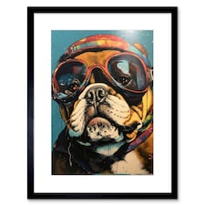 Bulldog Retro Motorcycle Goggles Helmet 9x7" Black Framed Wall Art Print