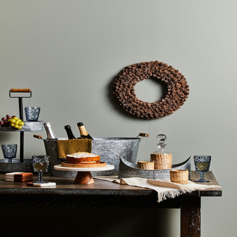 image 1 of Monzaro Round White Marble And Acacia Wood Cake Stand White