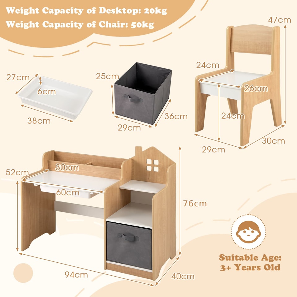 image 1 of COSTWAY Kids Study Desk and Chair Set Children Table Natural