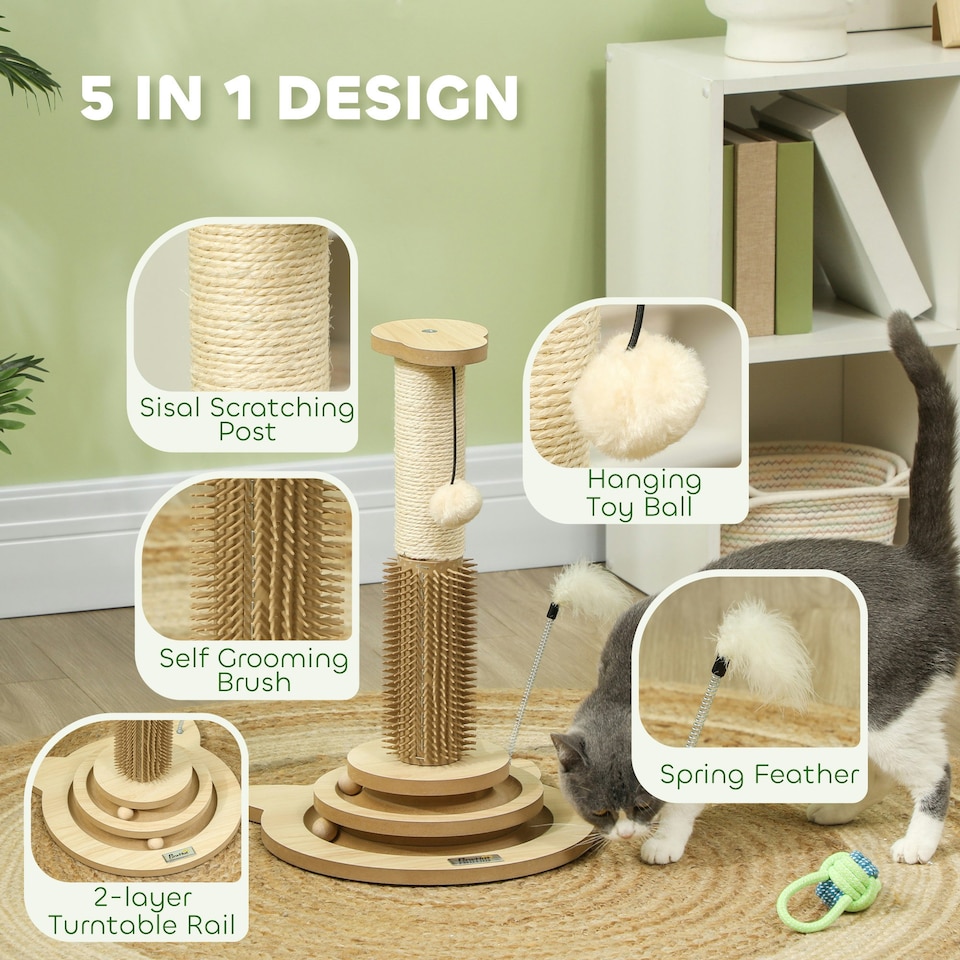 image 1 of PawHut Cat Scratcher, 5-in-1 Sisal Post with Interactive Toy 49cm Oak Tone