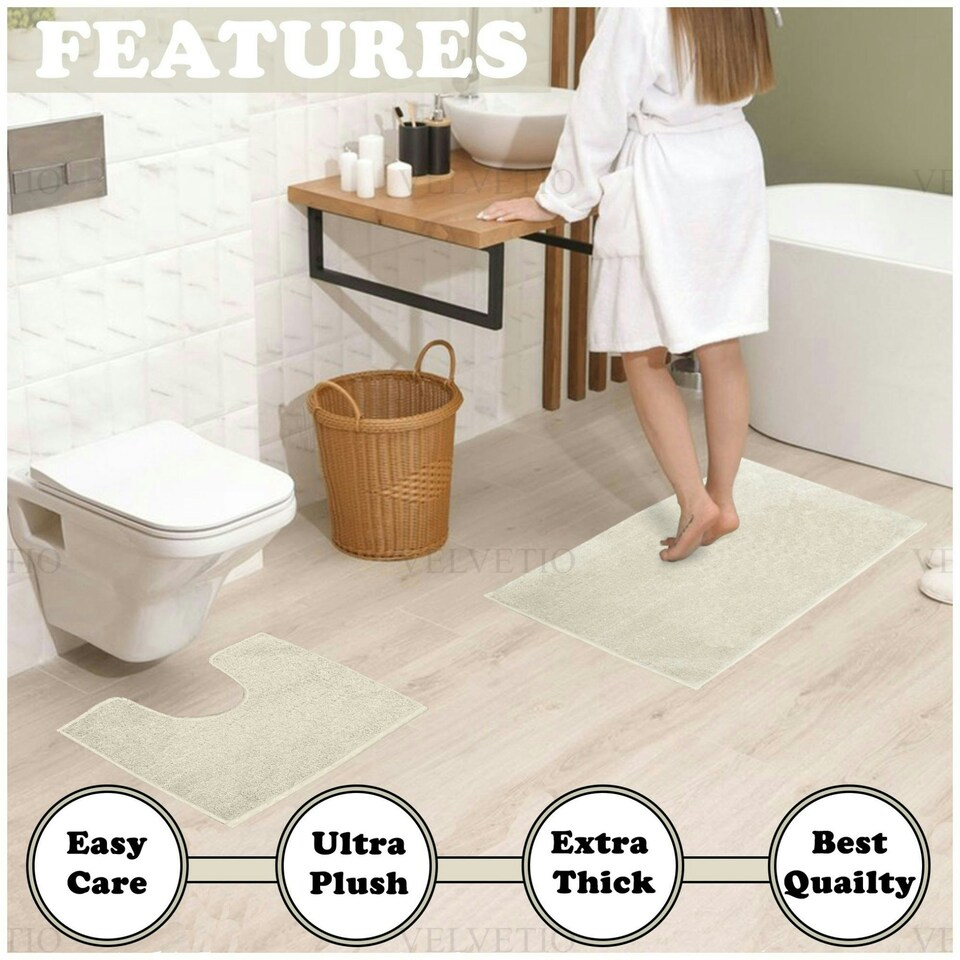 image 1 of VELVETIO Shiny Sparkling Bath Set Anti Slip Pedestal Mat Bathroom Rugs Cream