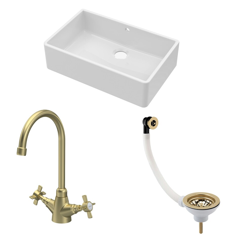 Fireclay Kitchen Bundle - Single Bowl Butler Sink with Overflow, Waste & Mono Crosshead Tap, 595mm - Brushed Brass - Balterley