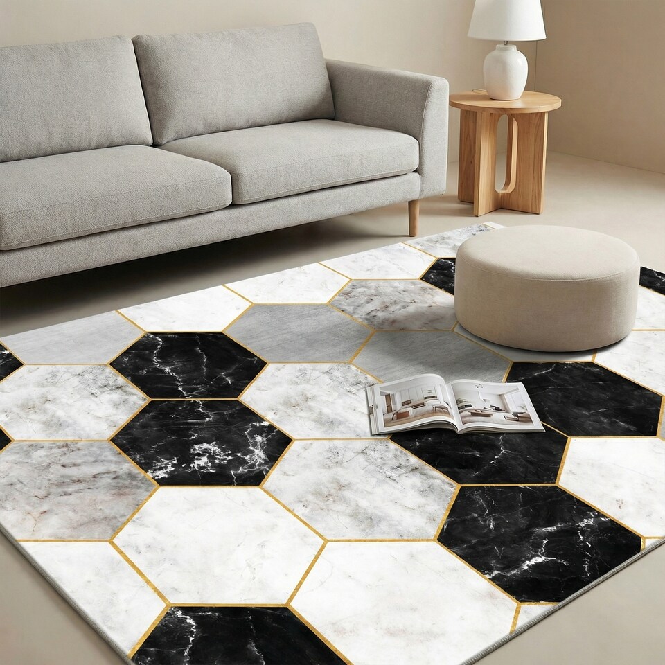 image 1 of Short Pile Rectangular Hexagon Pattern Rug 60x110cm