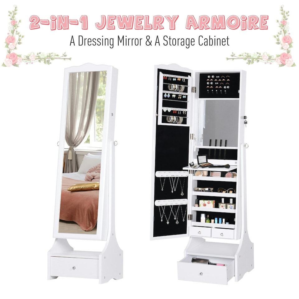 image 1 of HOMCOM Mirrored Jewelry Cabinet Armoire Floor Standing w/ Lock, LED Light White