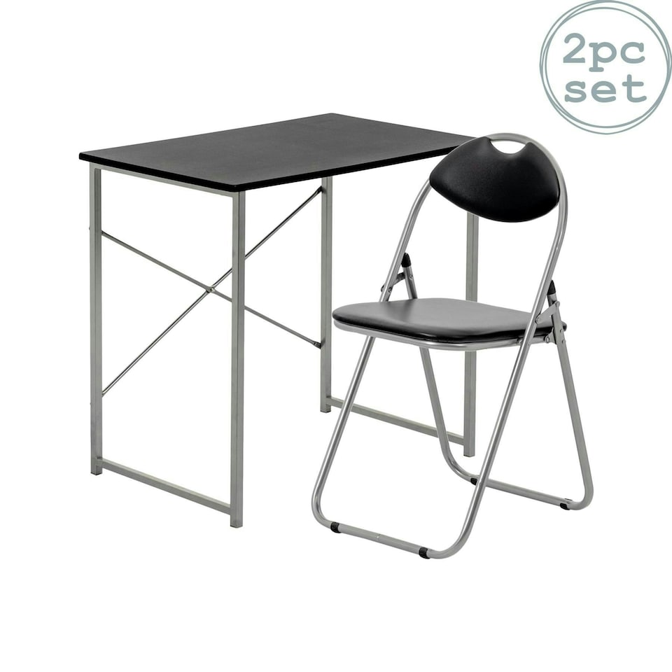 image 1 of Harbour Housewares Industrial Office Desk & Chair Set - Black/Black - Computer Desk Wooden Desk Laptop Desk PC Desk Black