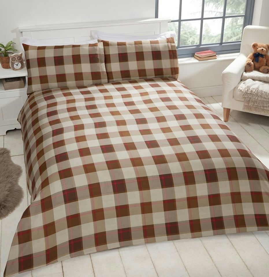 image 1 of Hug Me Bear Check Polycotton Duvet Cover Set with Pillowcase | Brown | Natural | Single | 1