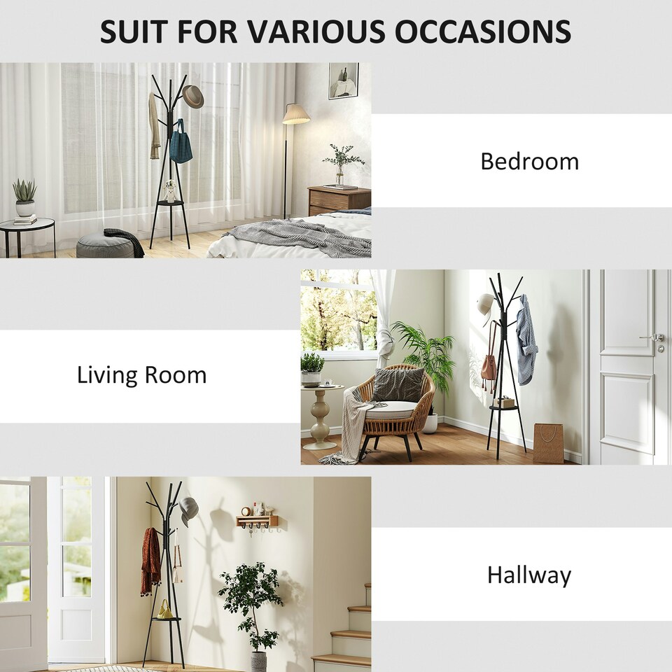 image 1 of HOMCOM 180cm Free Standing Coat Rack Metal Shelf Holder Stand Hat Hanger Black