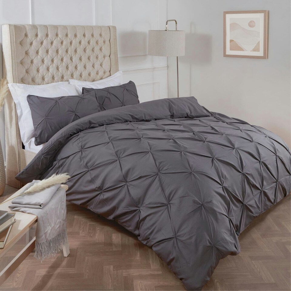 image 1 of OHS Pinch Pleat Diamond Pintuck Duvet Cover and Pillowcase Set, King - Charcoal