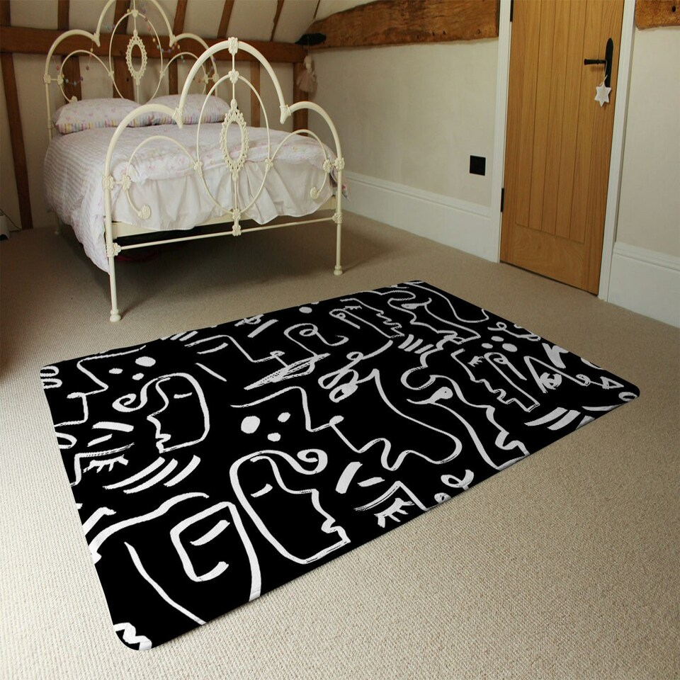 image 1 of Faces, Masks and Geometric Shapes Repeating (Rug) Black | M