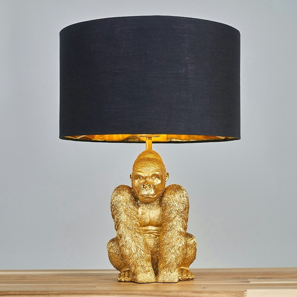 image 1 of ValueLights Modern Gold Sitting Gorilla Monkey Design Table Lamp With Black Gold Drum Shade Black