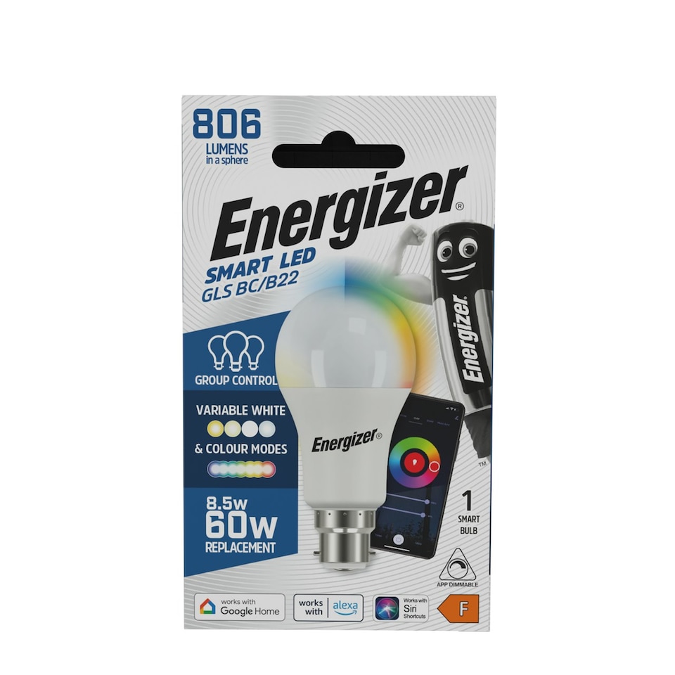 image 1 of Energizer Smart B22 (BC) GLS 8.5W Colour Changing Bulb 806lm - Box of 1