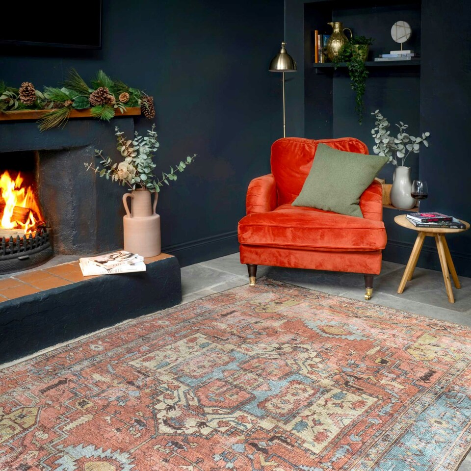 image 1 of KUKOON Terracotta Distressed Aztec Geometric Non Slip Washable Low Pile Rug 120cm x 170cm | Orange