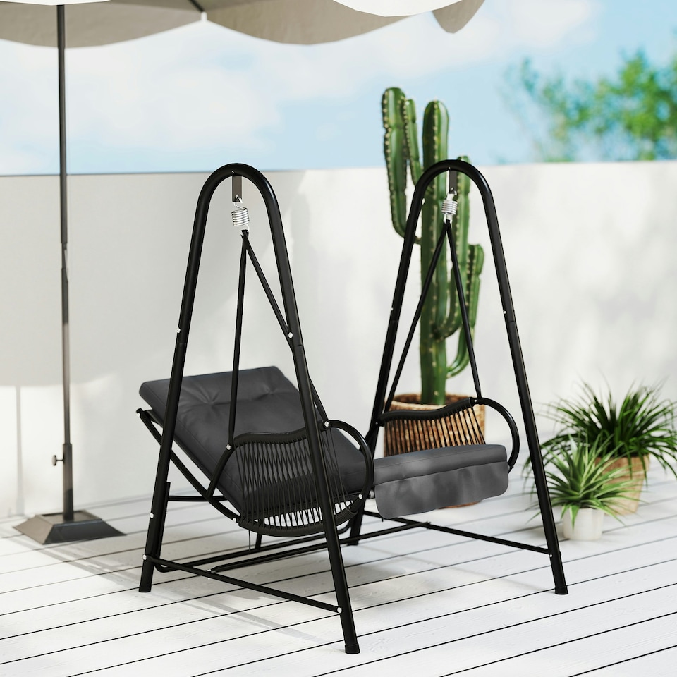 image 1 of Outsunny Rattan Swing Chair with Stand and Seat Cushion Grey | Dark Grey