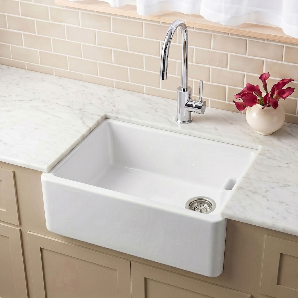 image 1 of Balterley Fireclay Single Bowl Belfast Kitchen Sink with Overflow, No Tap Hole | White | White | 1