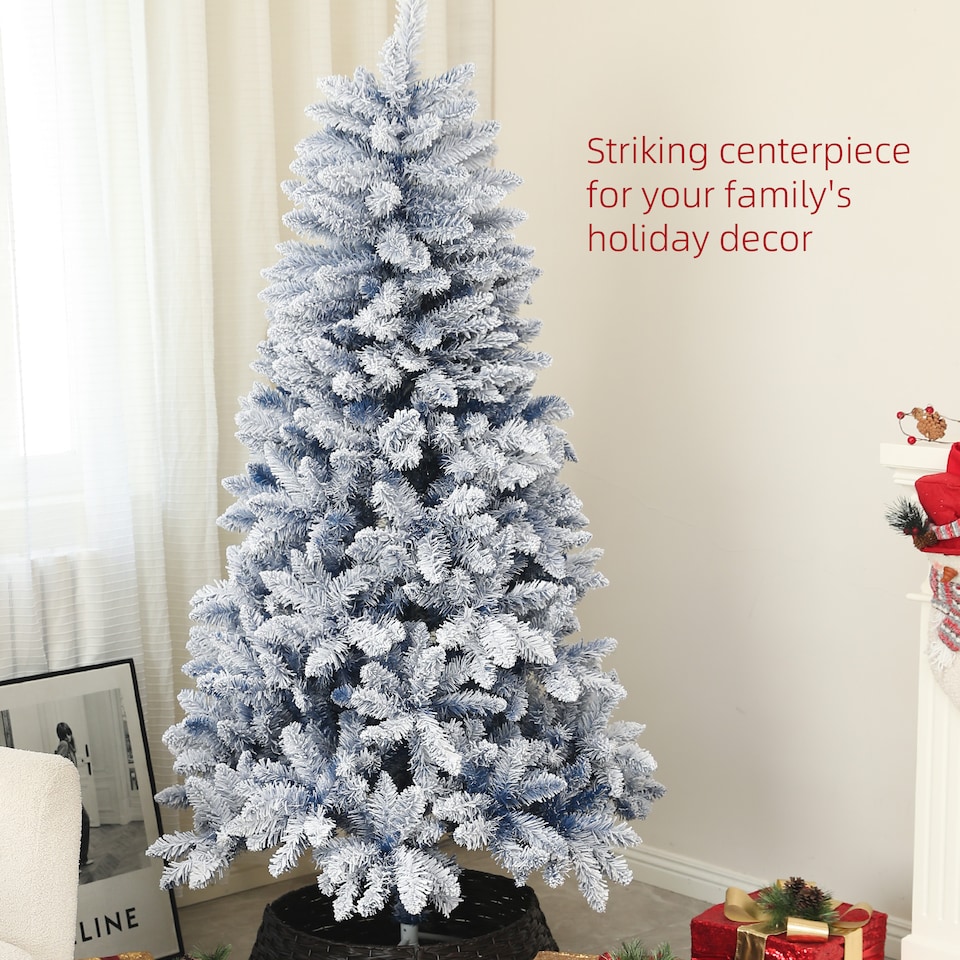 image 1 of HOMCOM 6ft Flocked Artificial Christmas Tree with 700 Snow Frosted Tips, Metal Stand, Snowy Hinged mas Tree, Blue