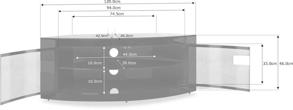 image 1 of Centurion Supports PANGEA Gloss Black Beam-Thru Curved Tru-Corner 32"-50" TV Cabinet | Black | 1